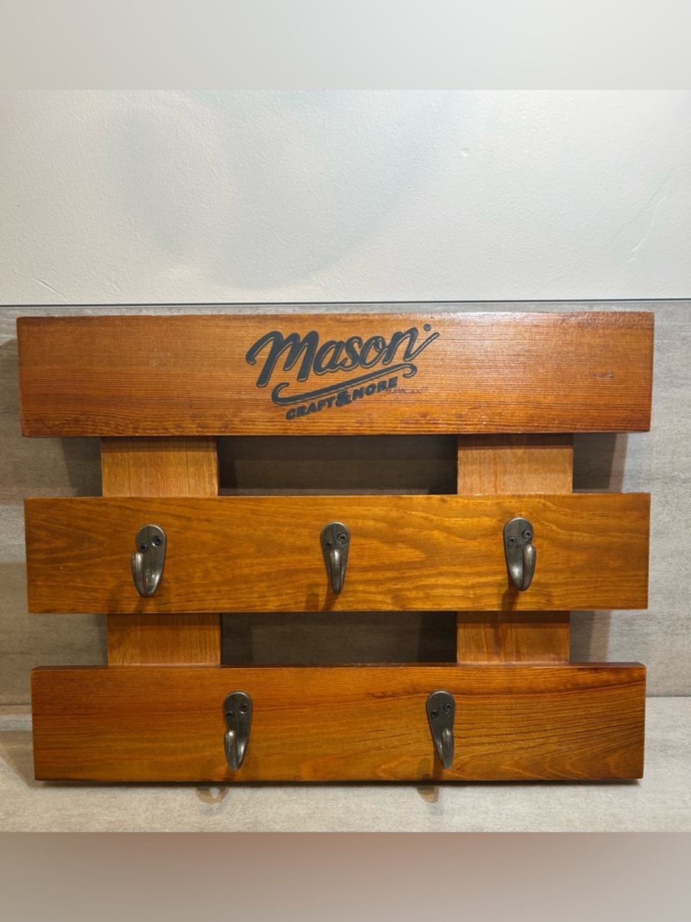 Mason Rustic Wooden Wall Rack with Dark Metal Hooks